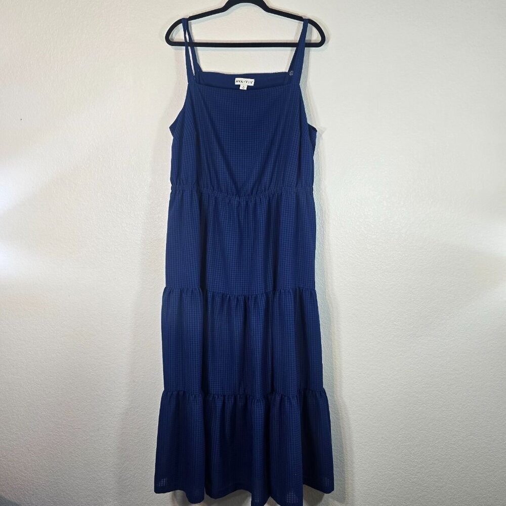 Ava & Viv Gingham Maxi Dress Women Plus Size 1X Blue Tiered Boho Beach Travel